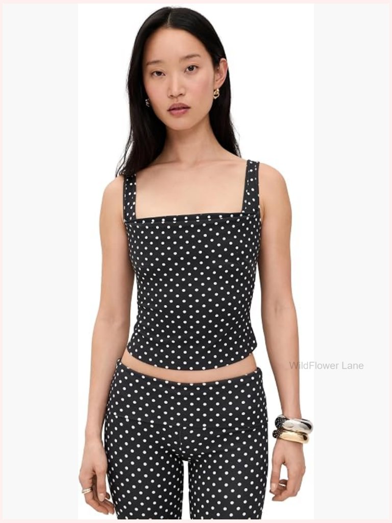 Square Neck Tank Top, Rayon Jersey, Sleeveless, Polka Dot, Partially Lined